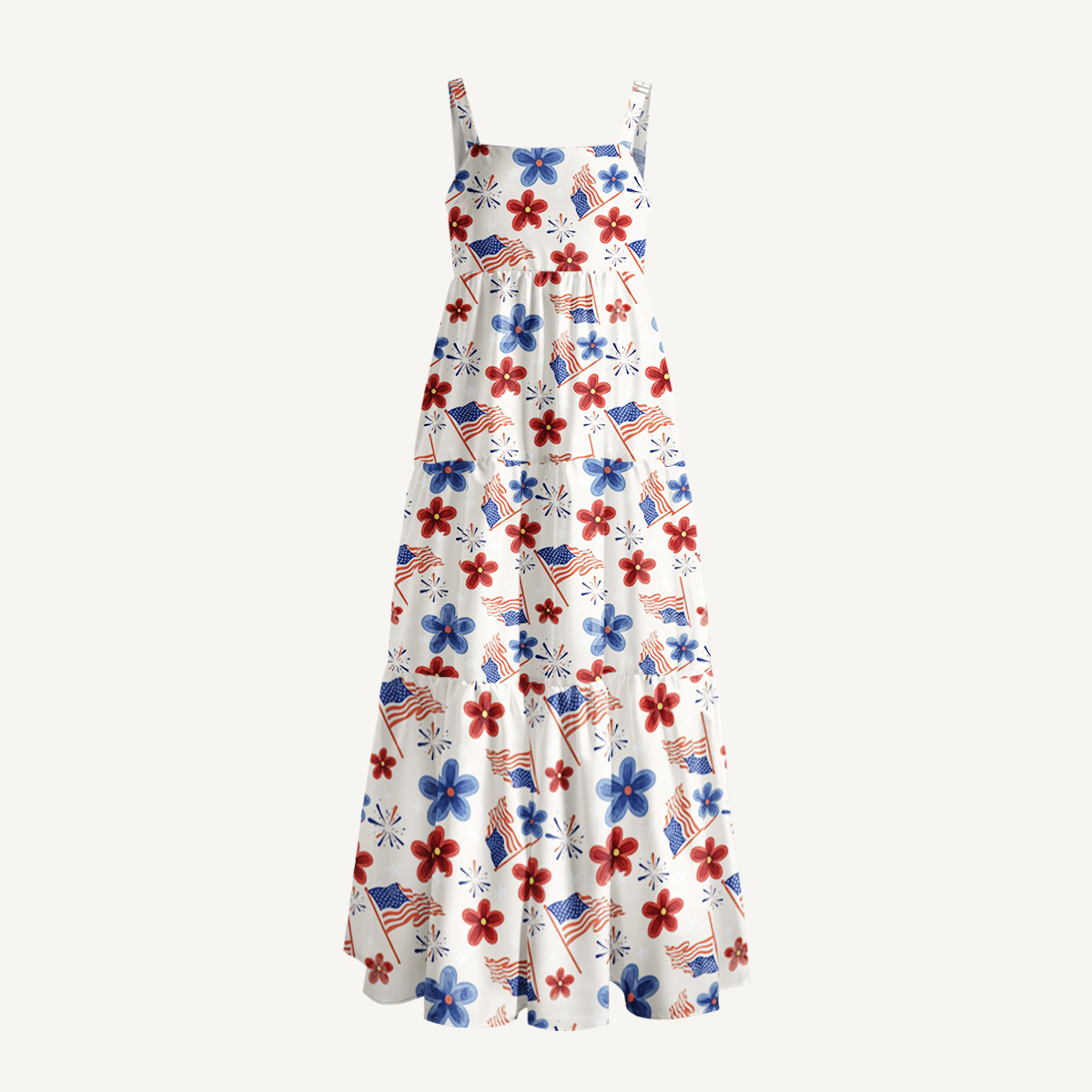 Patriotic Blossom Flag Print Wide Straps Maxi Dress With Pockets