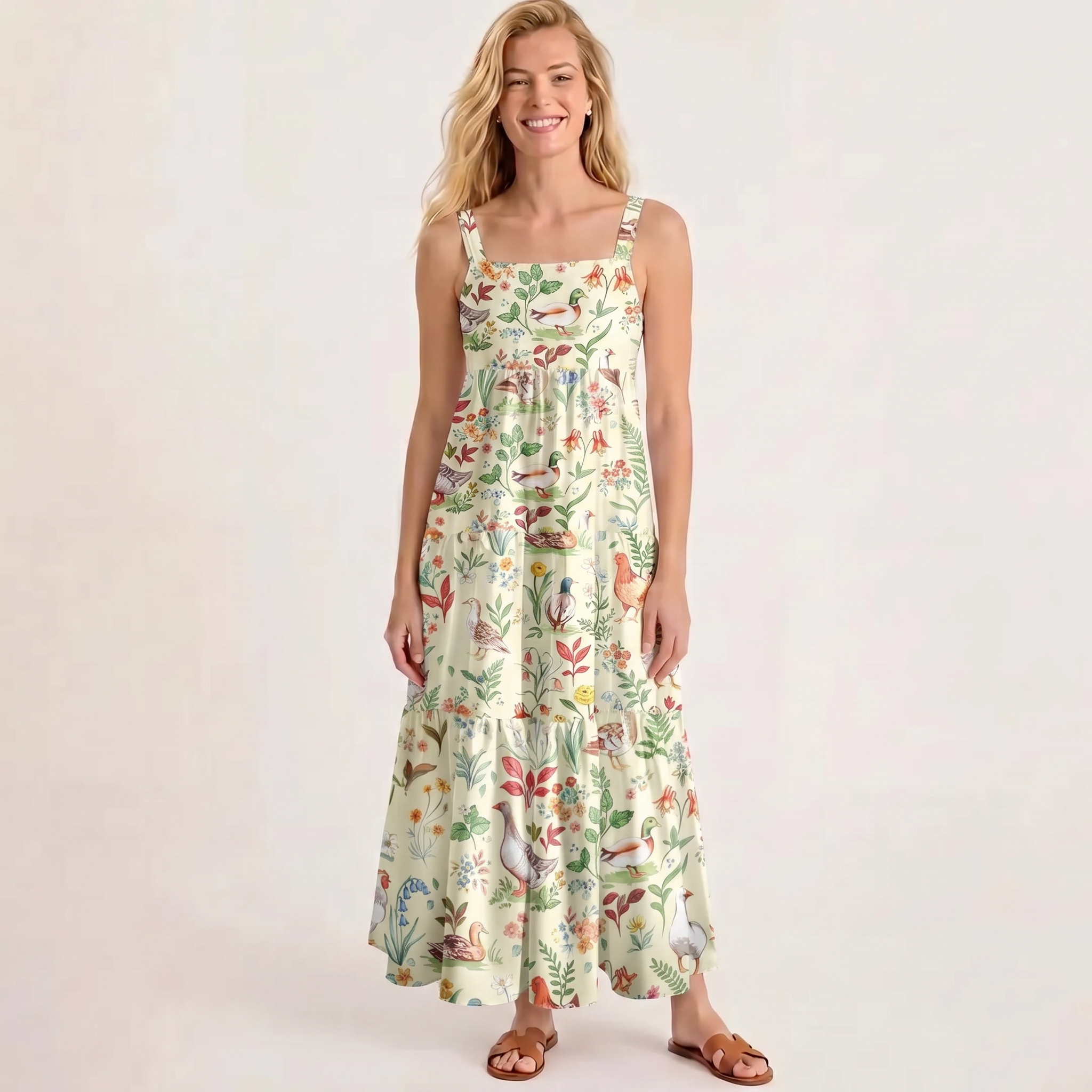 Countryside Garden Critter Print Wide Straps Maxi Dress With Pockets