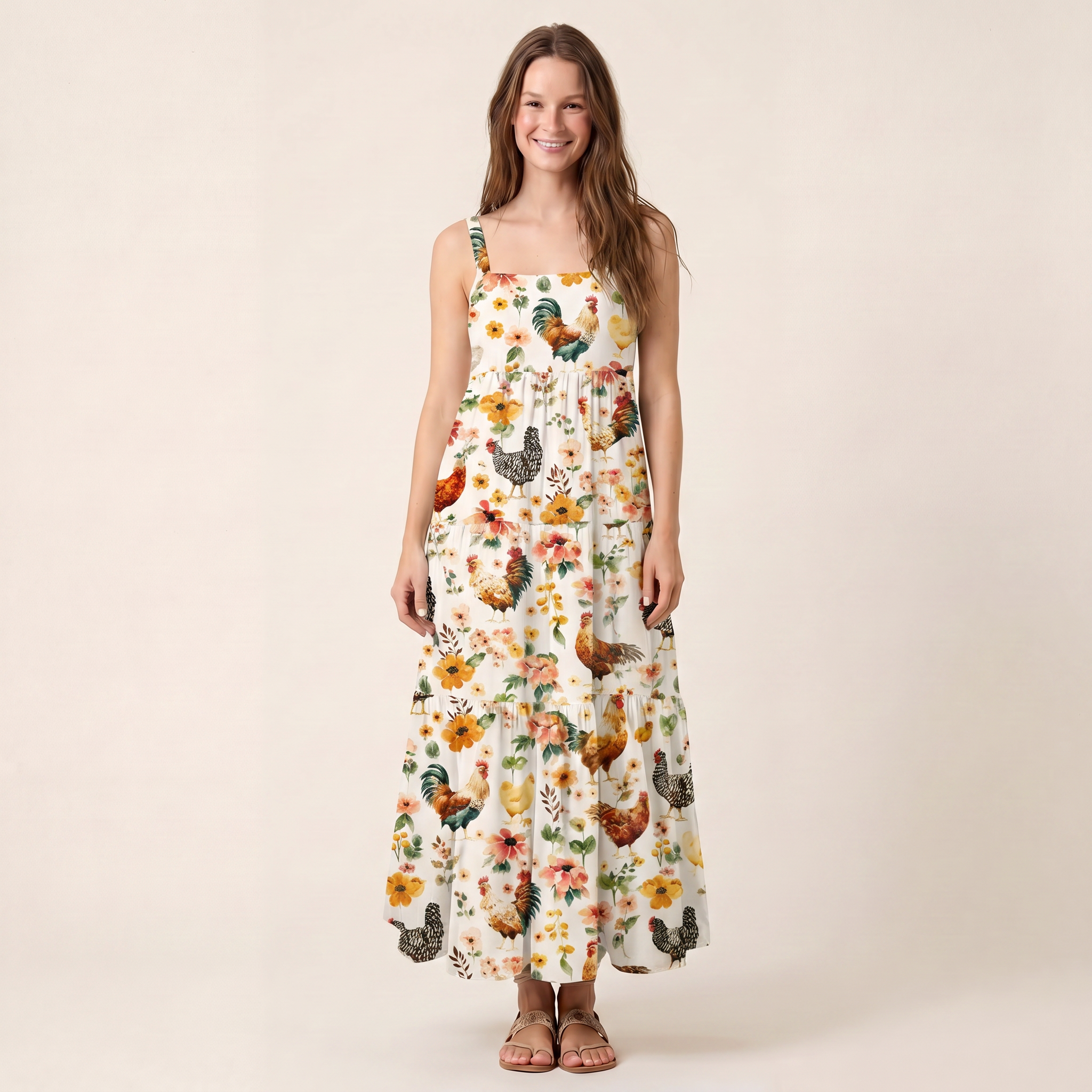 Watercolor Chicken Floral Print Wide Straps Maxi Dress With Pockets