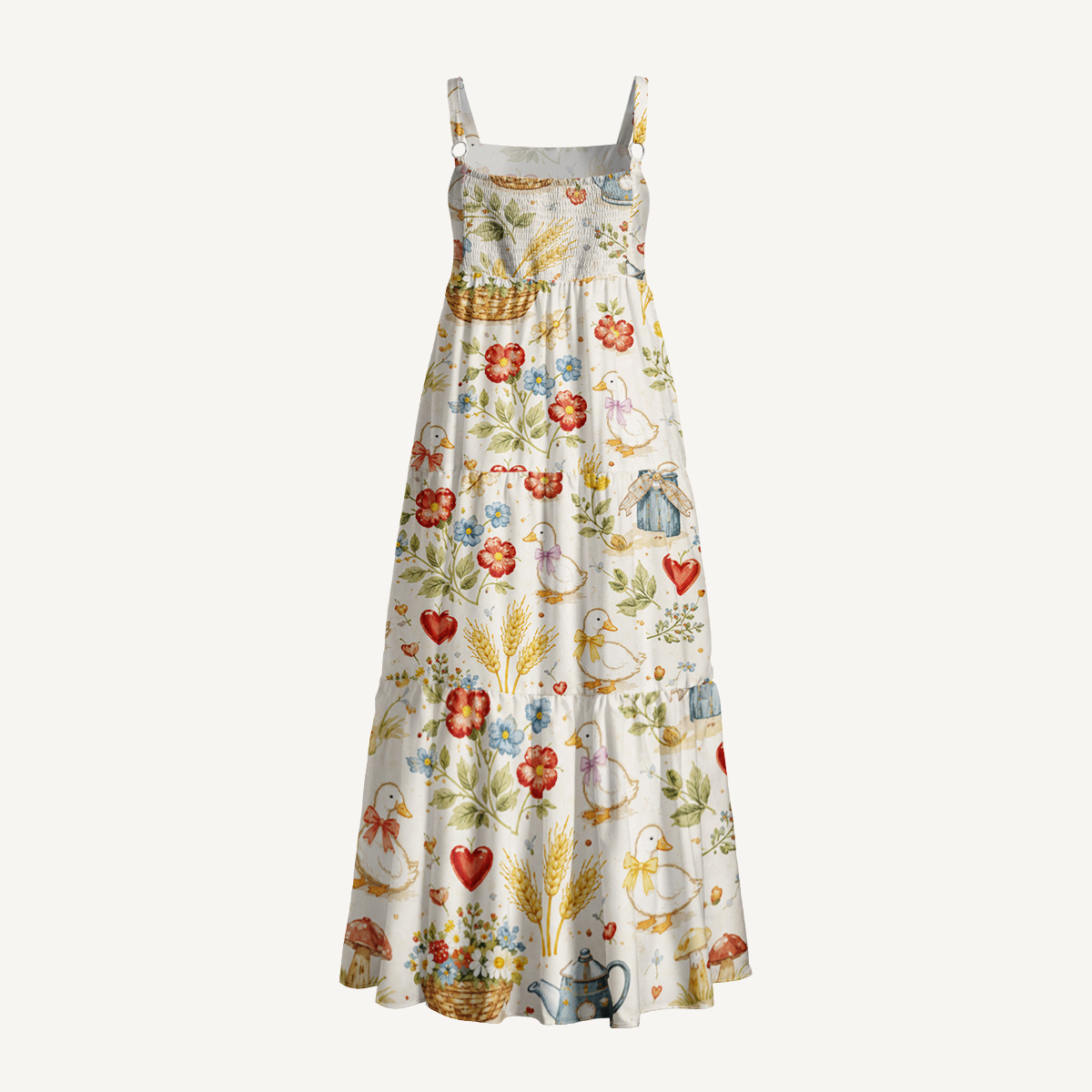 Rustic Duck Meadow Print Wide Straps Maxi Dress With Pockets