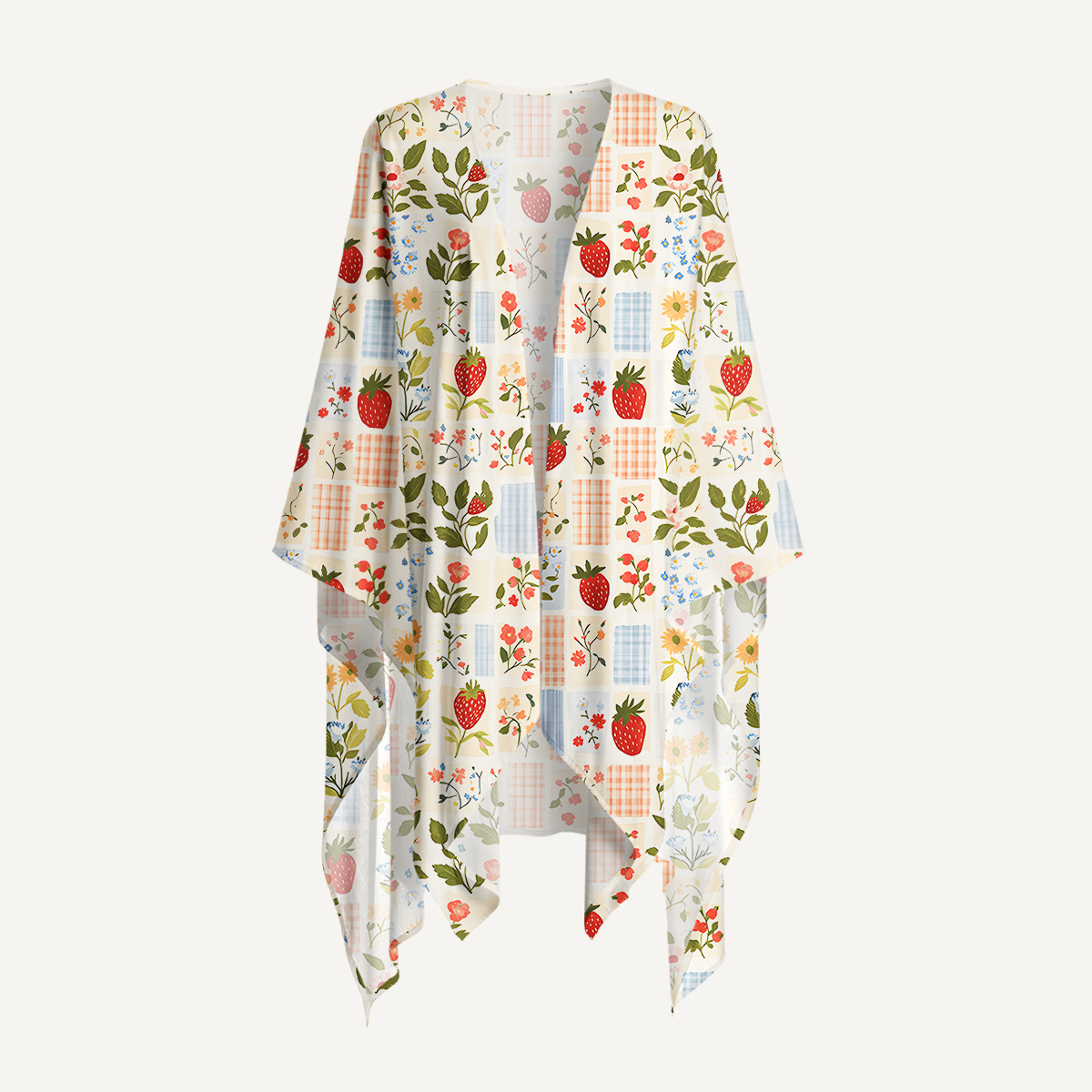 Strawberry Garden Patchwork Print Kimono Shawl Wrap