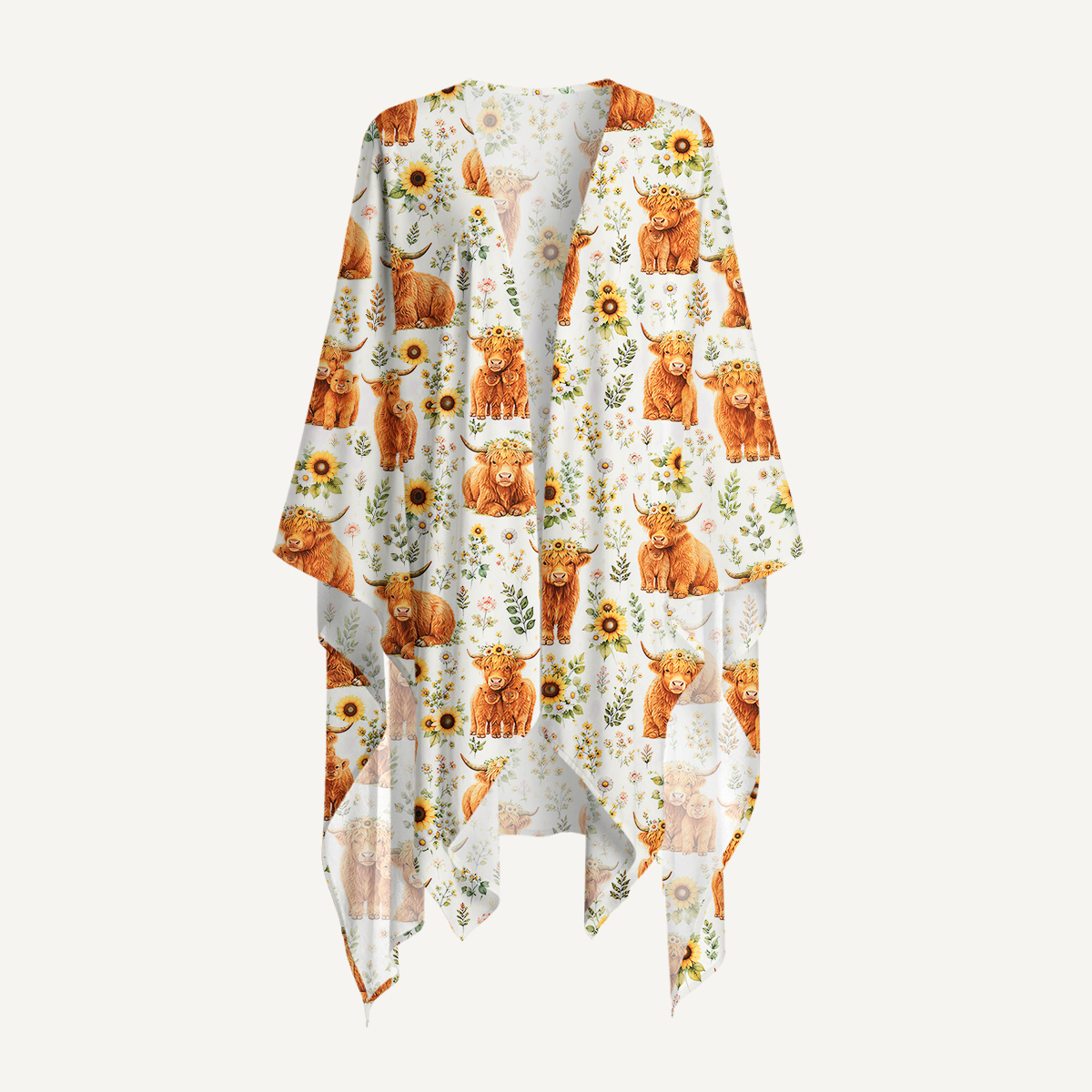 Spring Highland Cow Floral Print Kimono Shawl Wrap