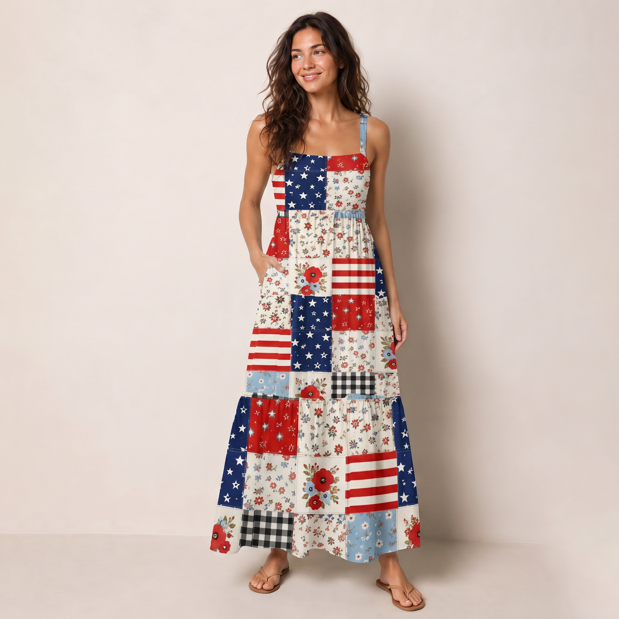 Flower Americana Patchwork Print Wide Straps Maxi Dress With Pockets