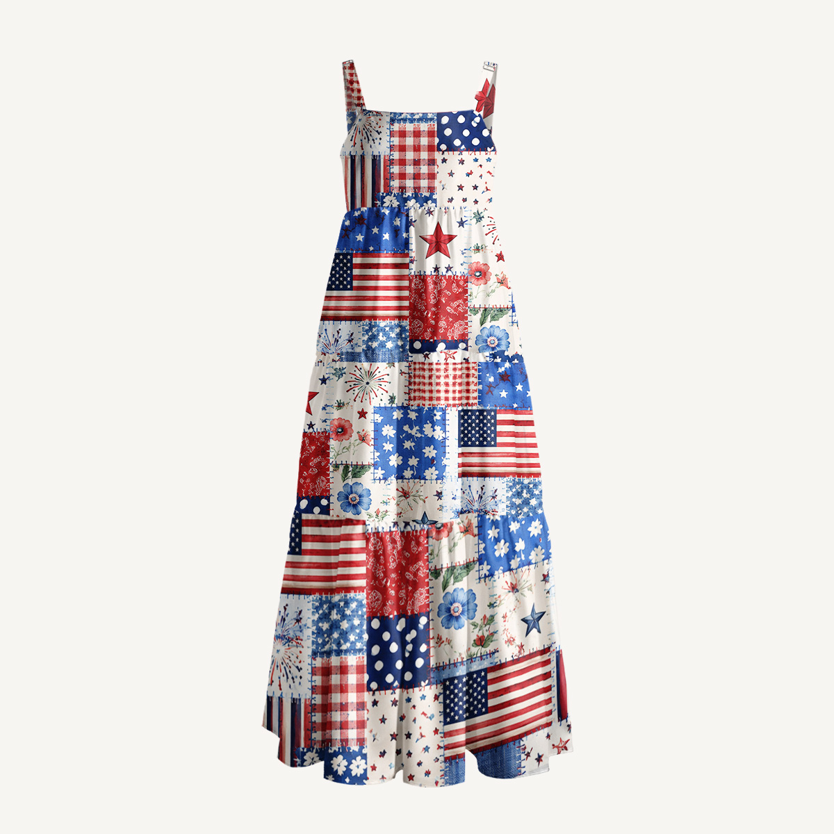 Rustic Americana Patchwork Print Wide Straps Maxi Dress With Pockets