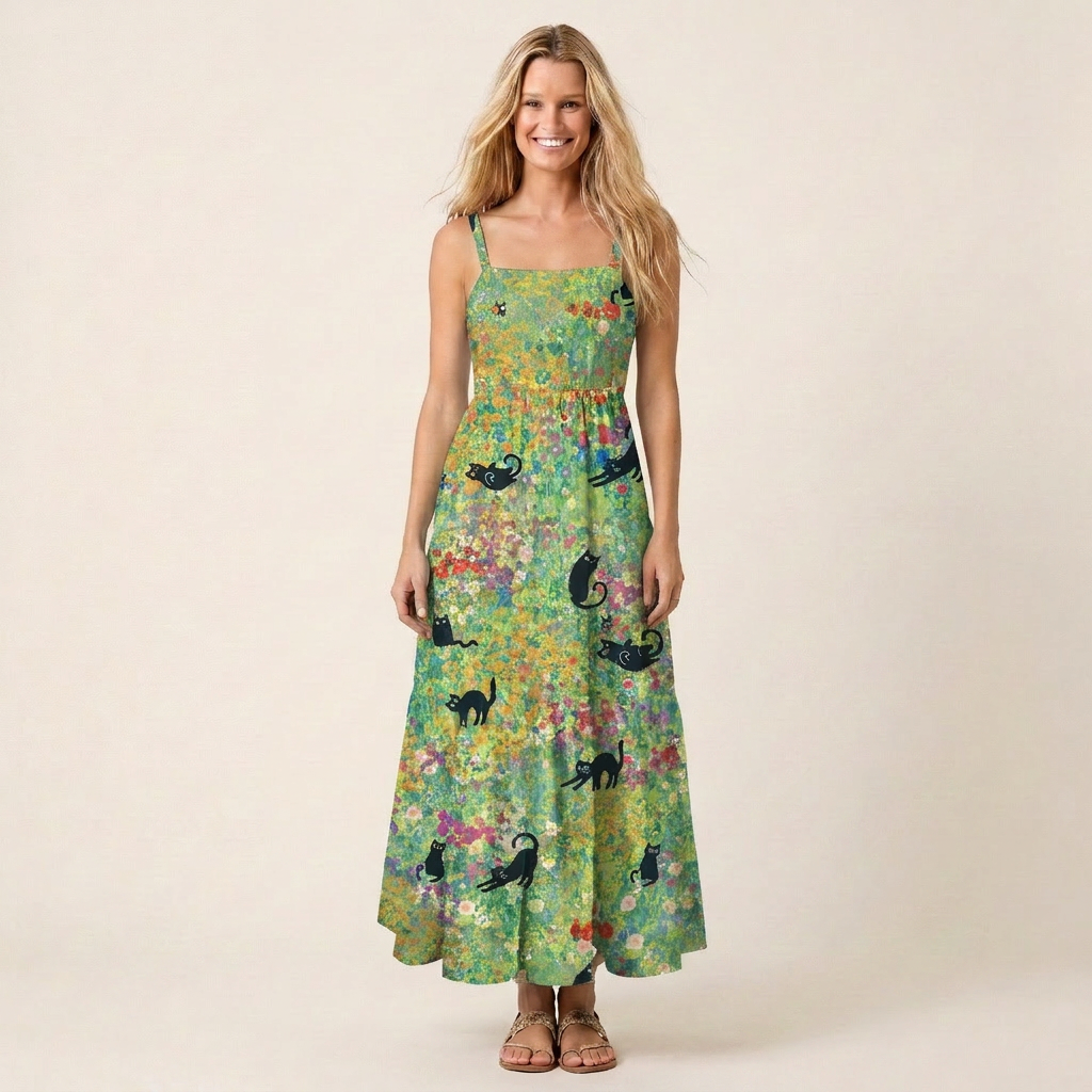 Square Neck Wildflower Garden Black Cat Print Wide Straps Maxi Dress With Pockets