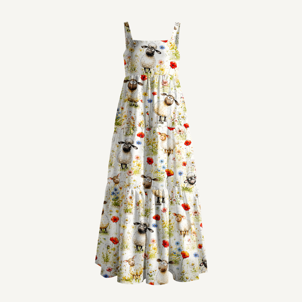 Whimsical Sheep Clipart Print Wide Straps Maxi Dress With Pockets