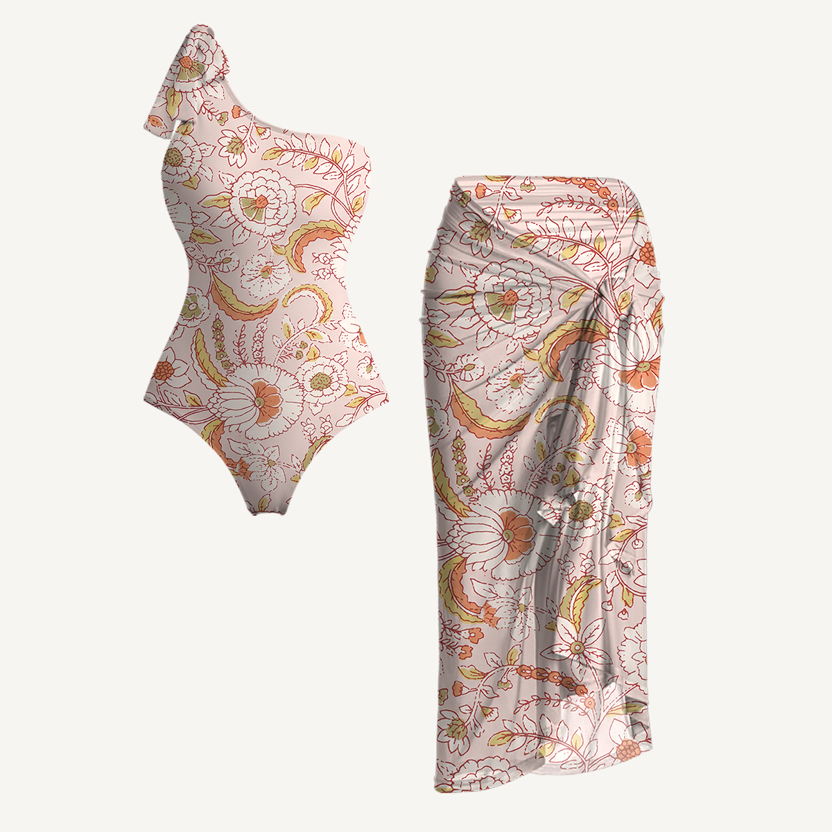 Dusty Bloom Whisper One Shoulder One Piece Swimsuit and Matching Sarong Set for Women