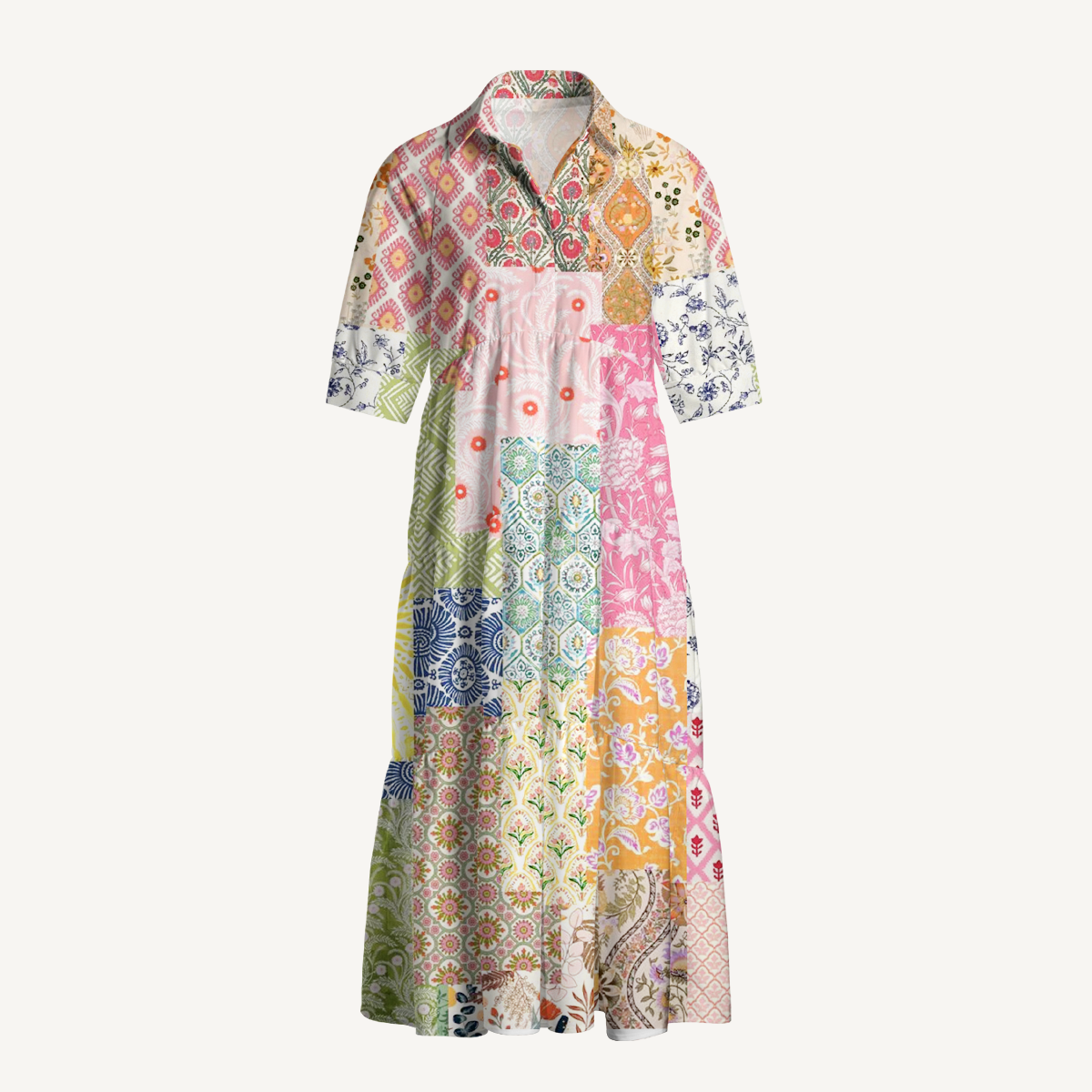 Colorful Bohemian Patchwork Print Midi Dress For Women With Pockets