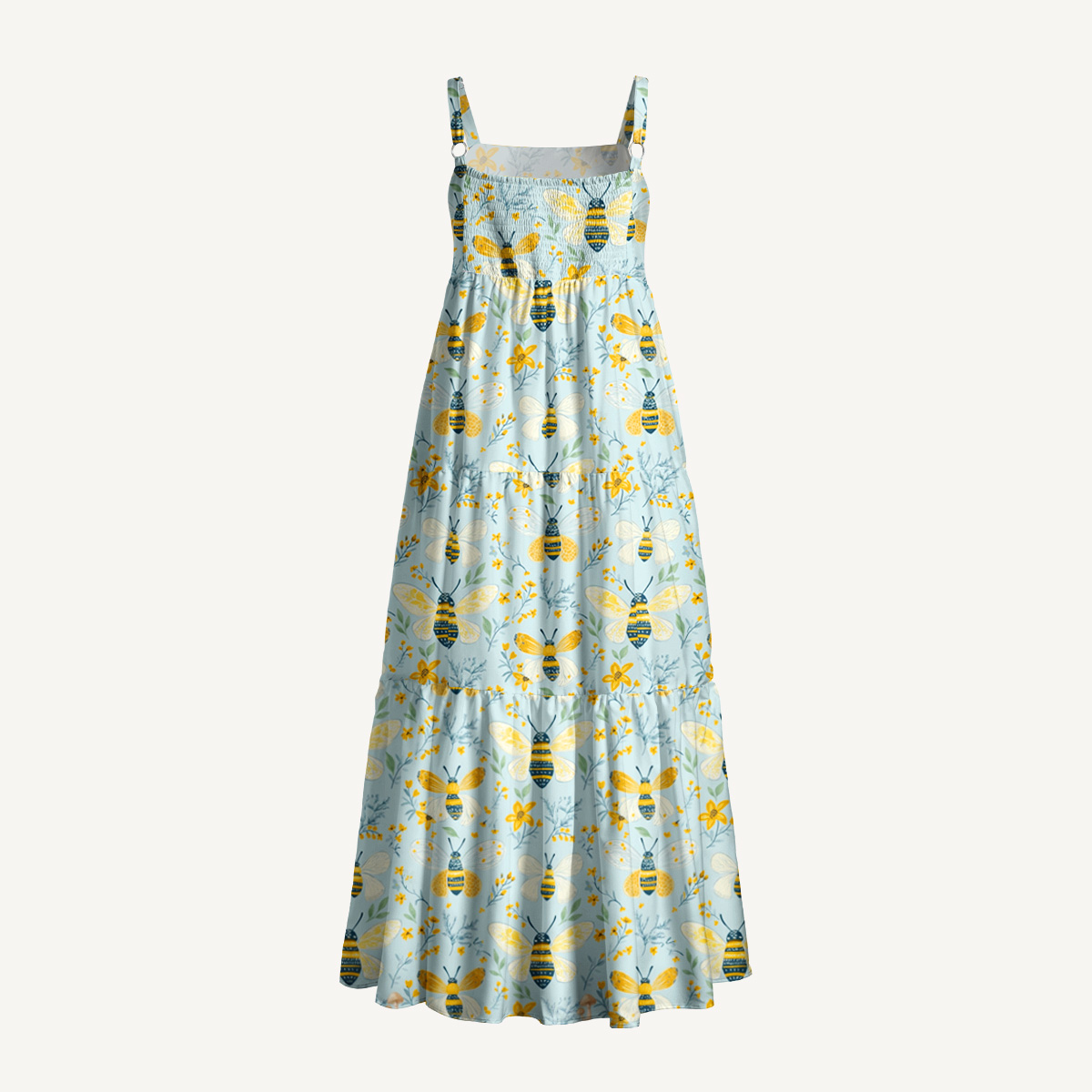 Vintage Floral Bees Print Wide Straps Maxi Dress With Pockets