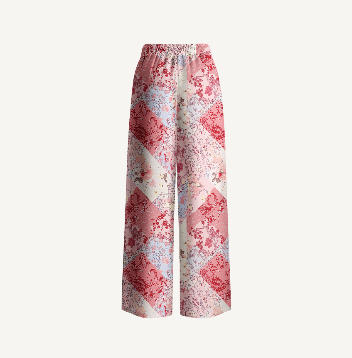 Shabby Chic Floral Patchwork Print Wide Leg Tie Waist Pants With Pockets
