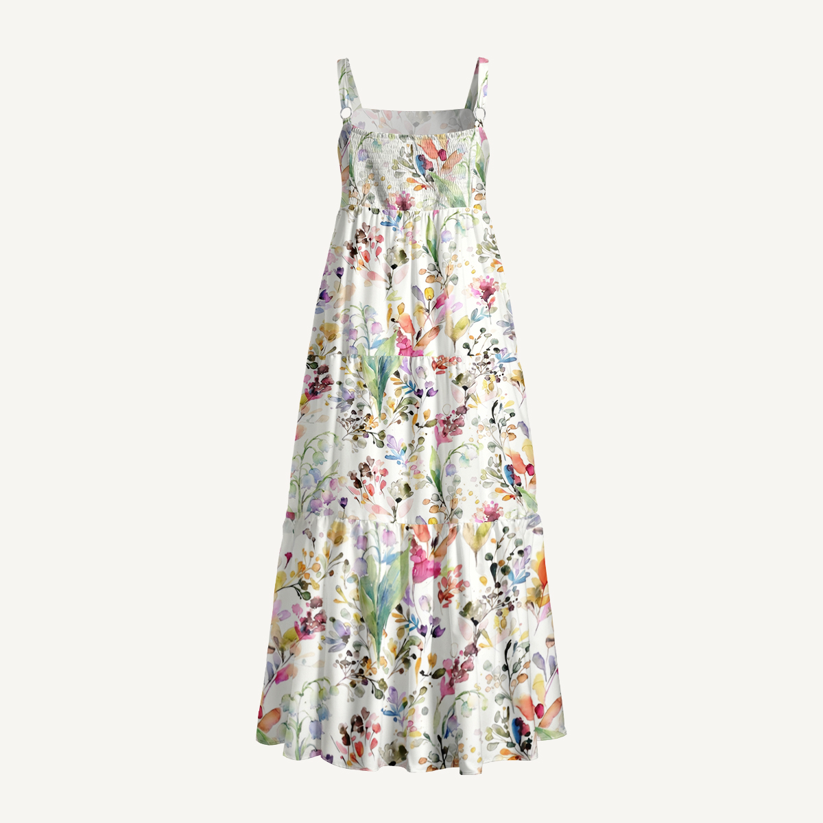 Watercolor Wildflower Garden Print Wide Straps Maxi Dress With Pockets