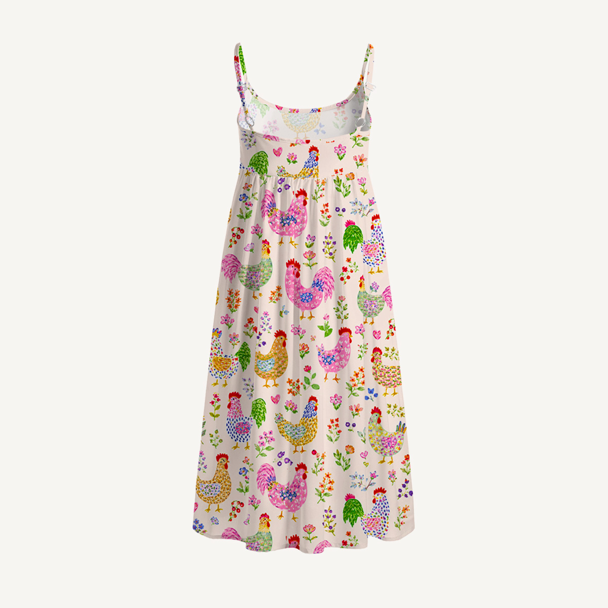 Colorful Farm Chickens Print Spaghetti Strap Mini Dress