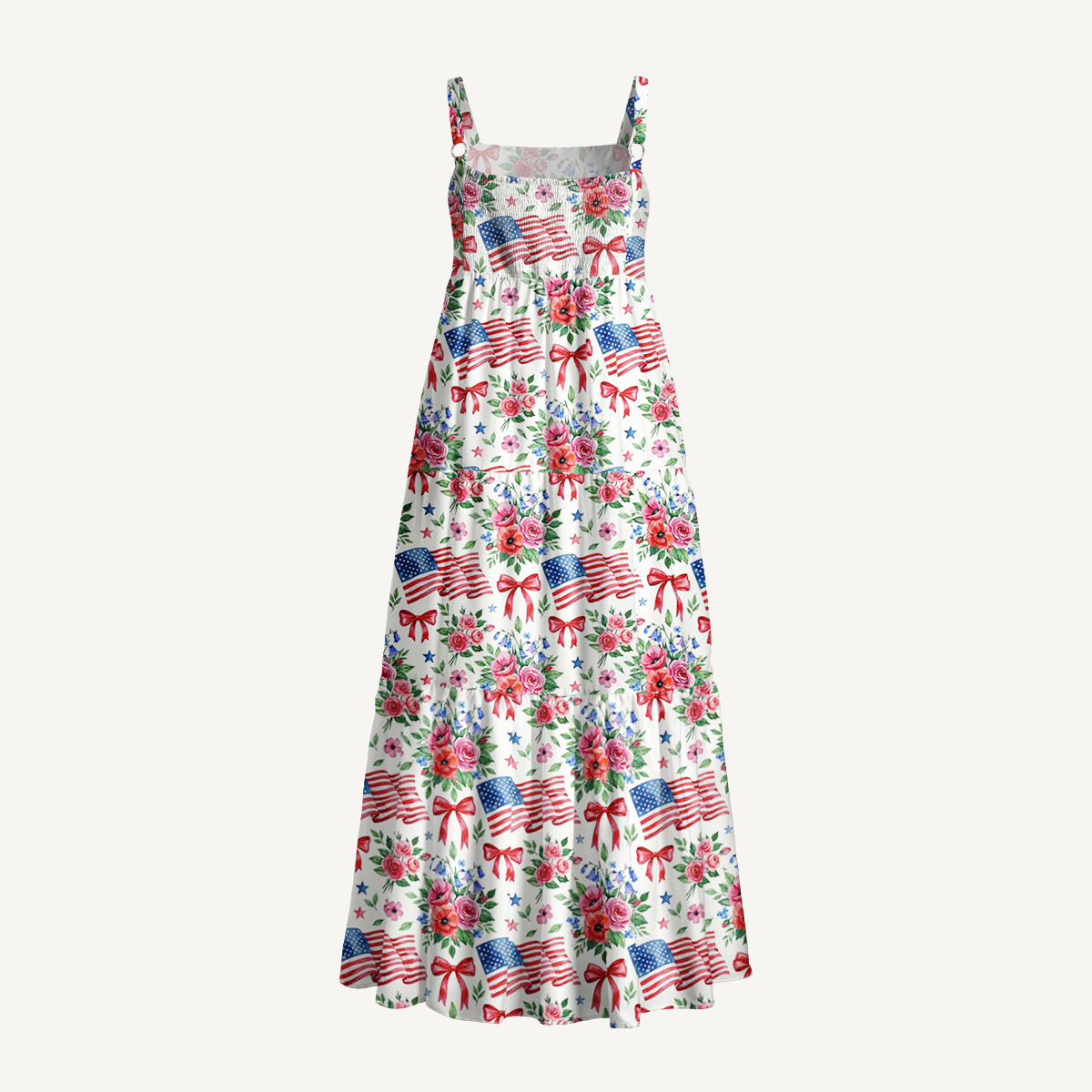 Patriotic Floral Bows Print Wide Straps Maxi Dress With Pockets