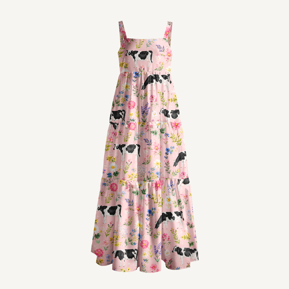 Holstein Cattle Cow Farm Animal Floral Pink Print Wide Straps Maxi Dress With Pockets