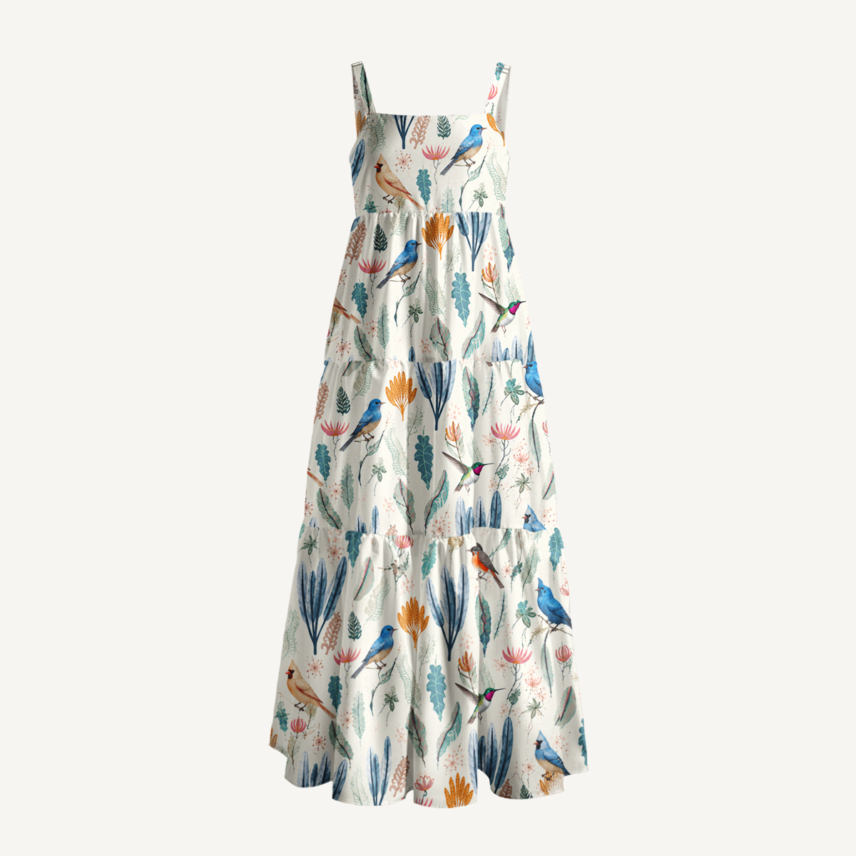 Romantic Nature Birds Print Wide Straps Maxi Dress With Pockets