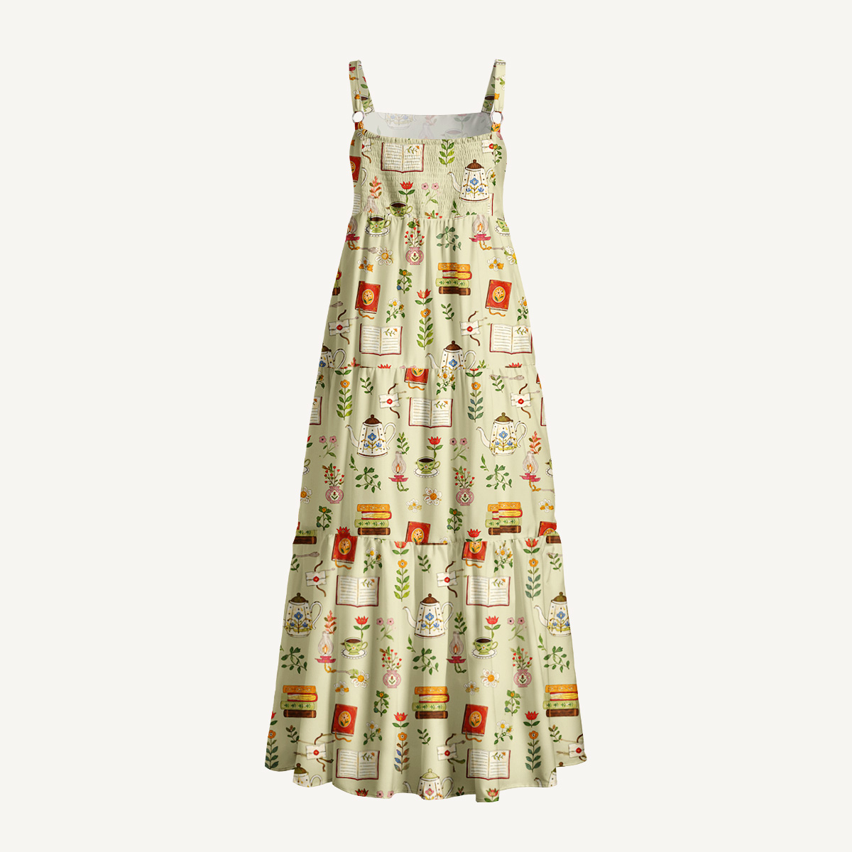 Tea Flowers and Books Print Wide Straps Maxi Dress With Pockets