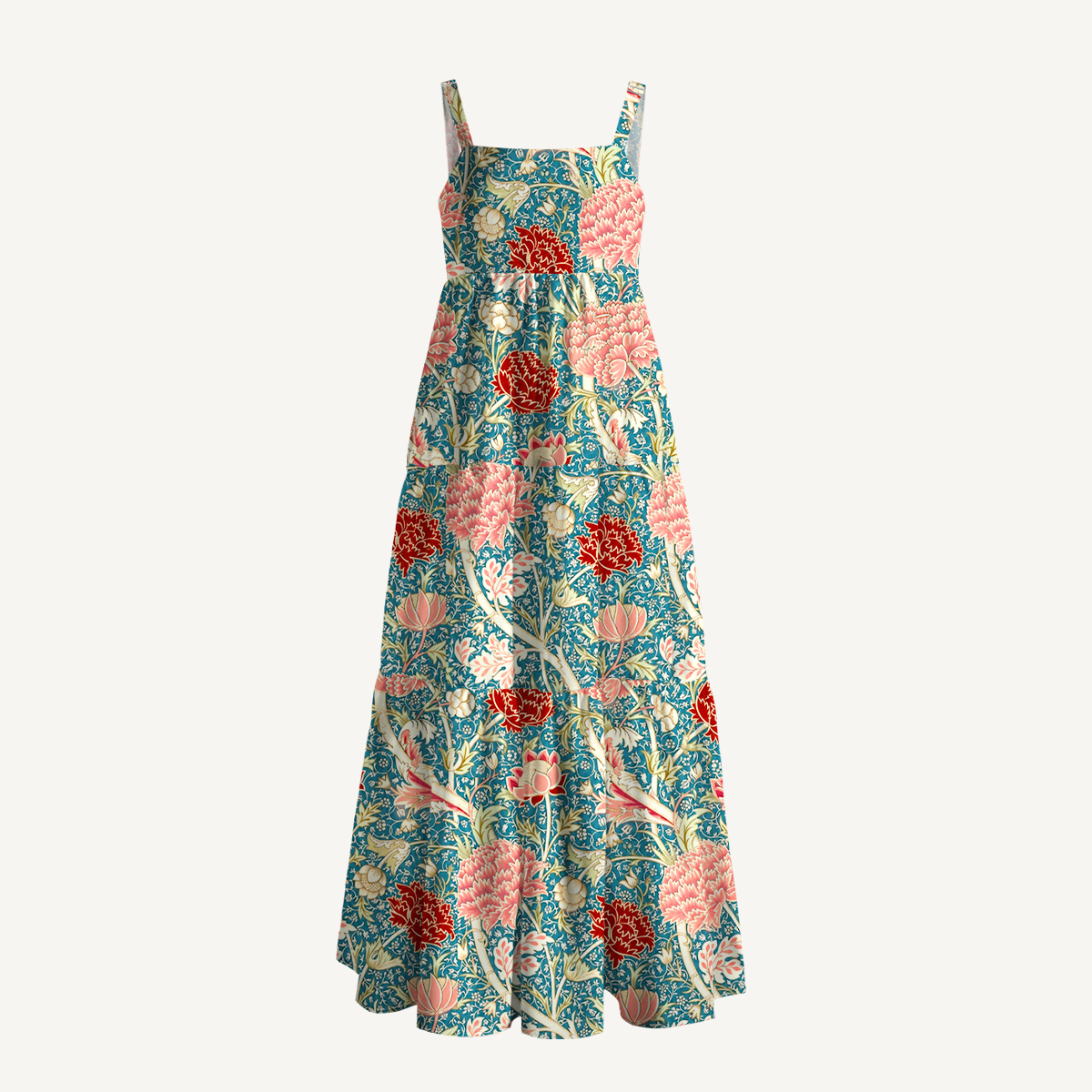 Vintage Peony Lotus Floral Print Wide Straps Maxi Dress With Pockets