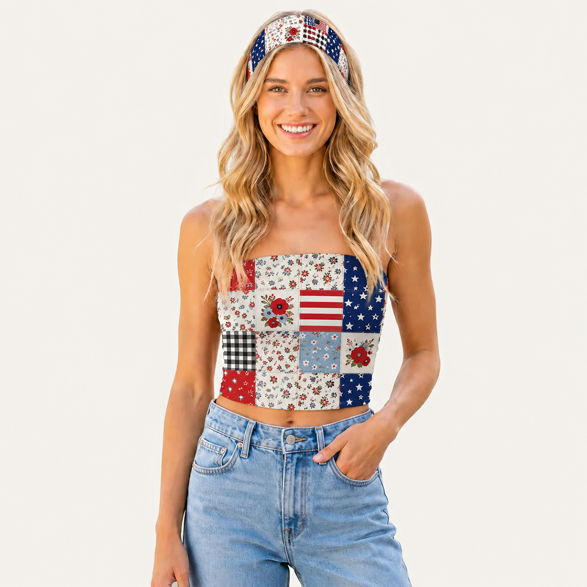 Flower Americana Patchwork Print Boho Bandeau Headband
