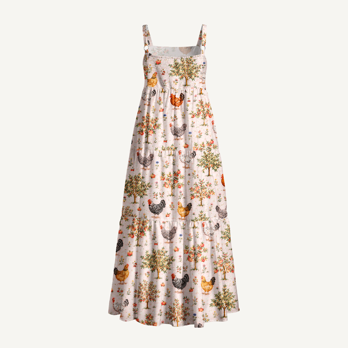 Farm Orchard with Chickens and Fruit Trees Print Wide Straps Maxi Dress With Pockets