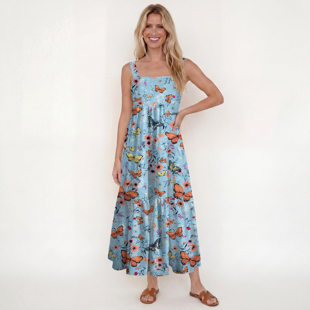 Butterfly Blossom Printed Wide Straps Maxi Dress With Pockets
