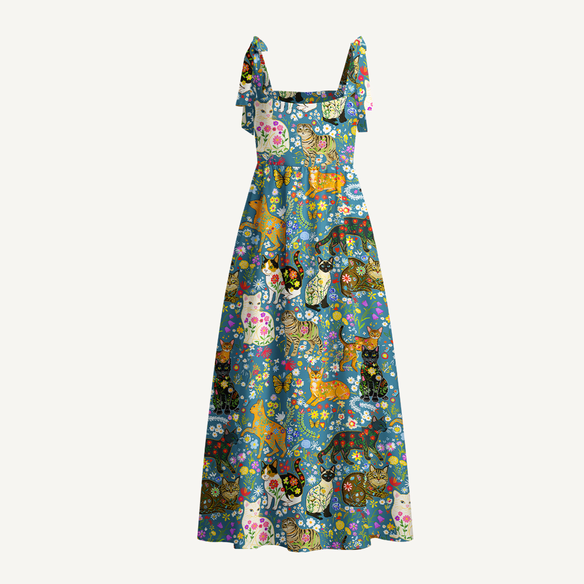 Colorful Garden Cat Print Bow Strap Maxi Dress