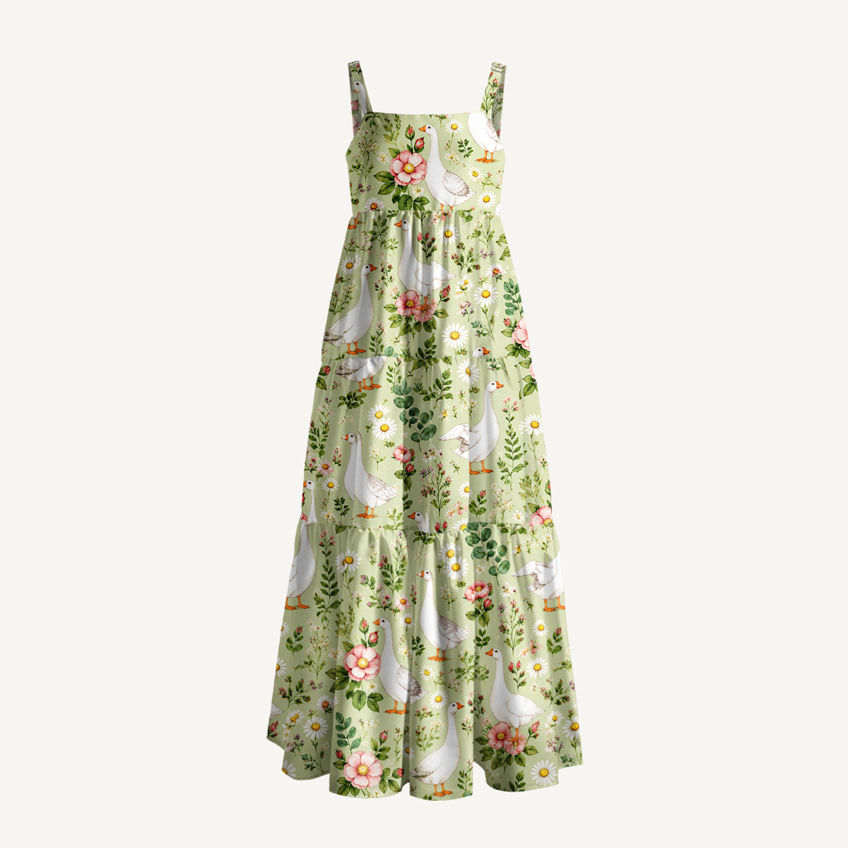 Pastoral Goose Garden Print Wide Straps Maxi Dress With Pockets