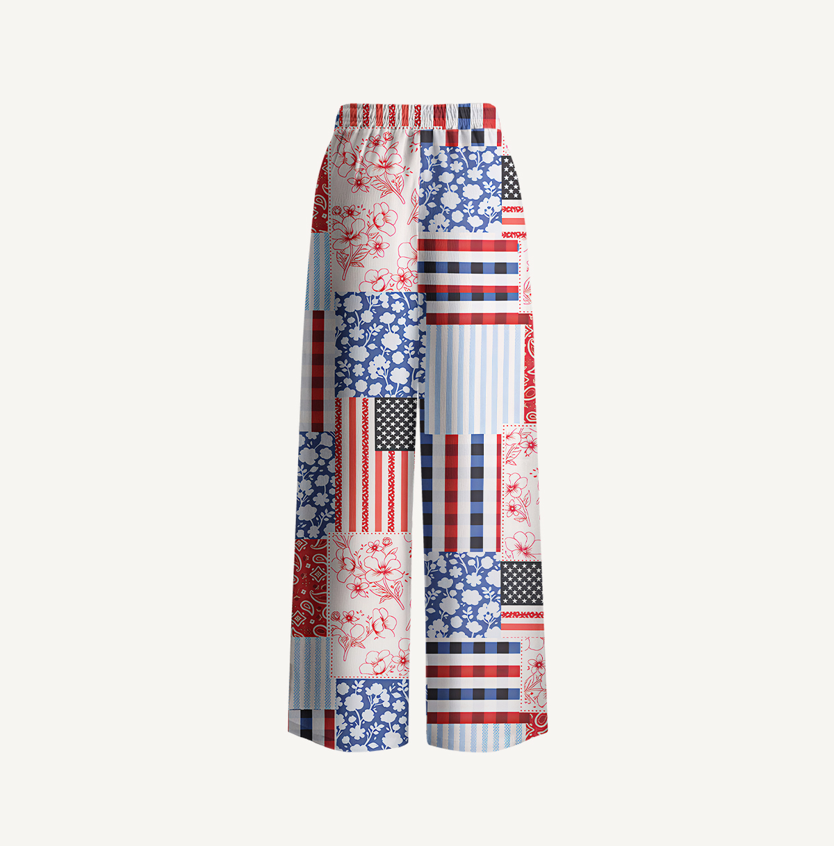 Patriotic Patchwork Print Wide Leg Tie Waist Pants With Pockets