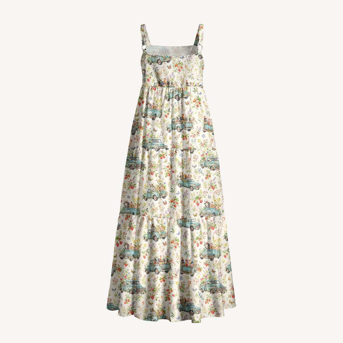 Vintage Blue Truck Garden Party Print Wide Straps Maxi Dress With Pockets