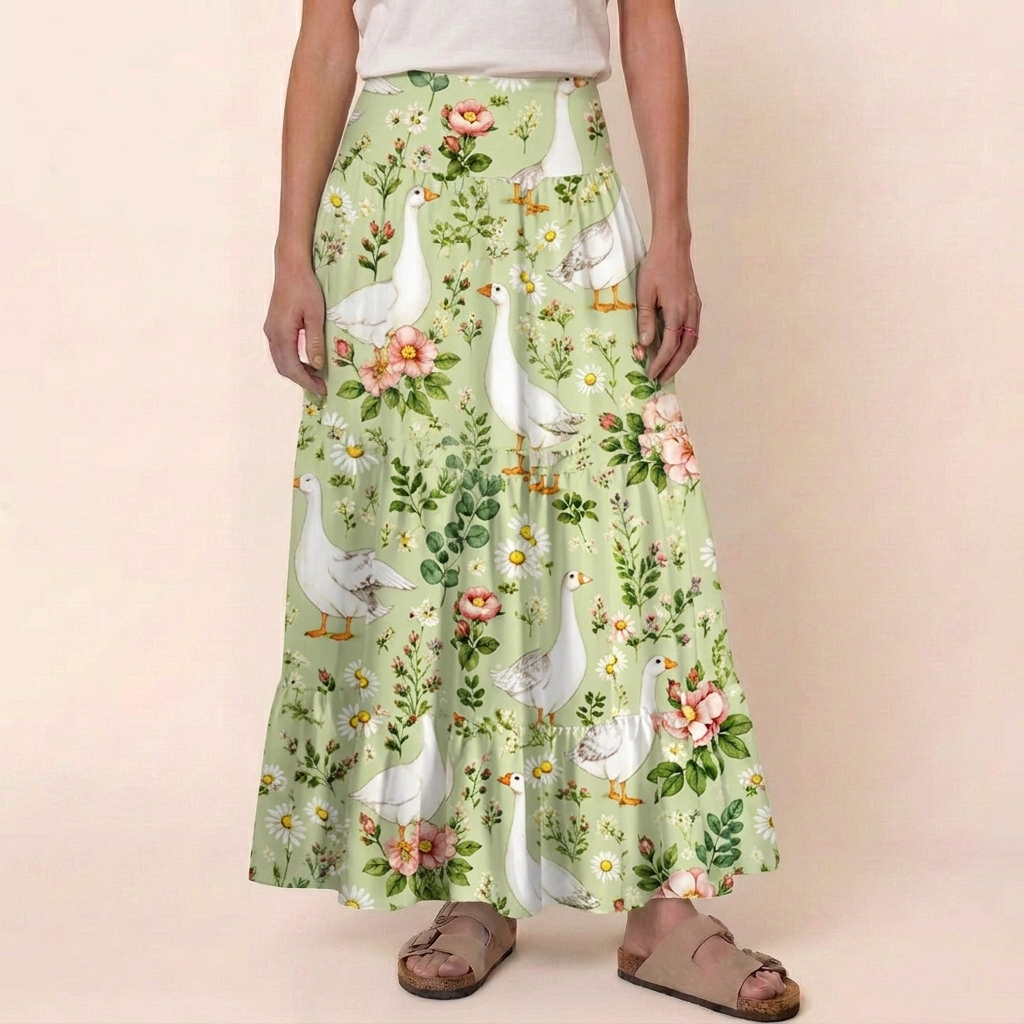 Pastoral Goose Garden Print Convertible Maxi Skirt & Strapless Dress