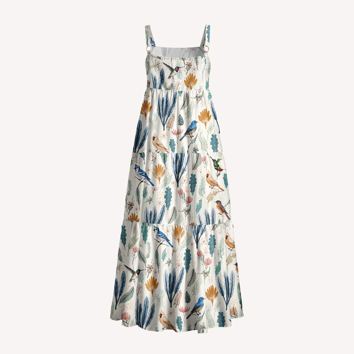 Romantic Nature Birds Print Wide Straps Maxi Dress With Pockets