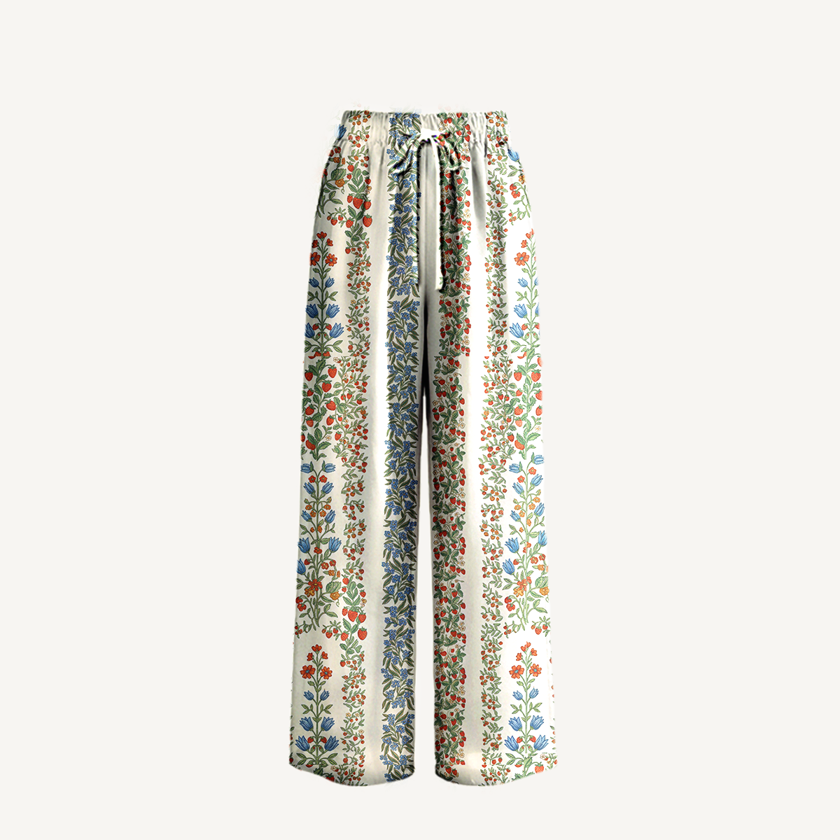Boho Strawberry Vine Tales Wide Leg Tie Waist Pants With Pockets