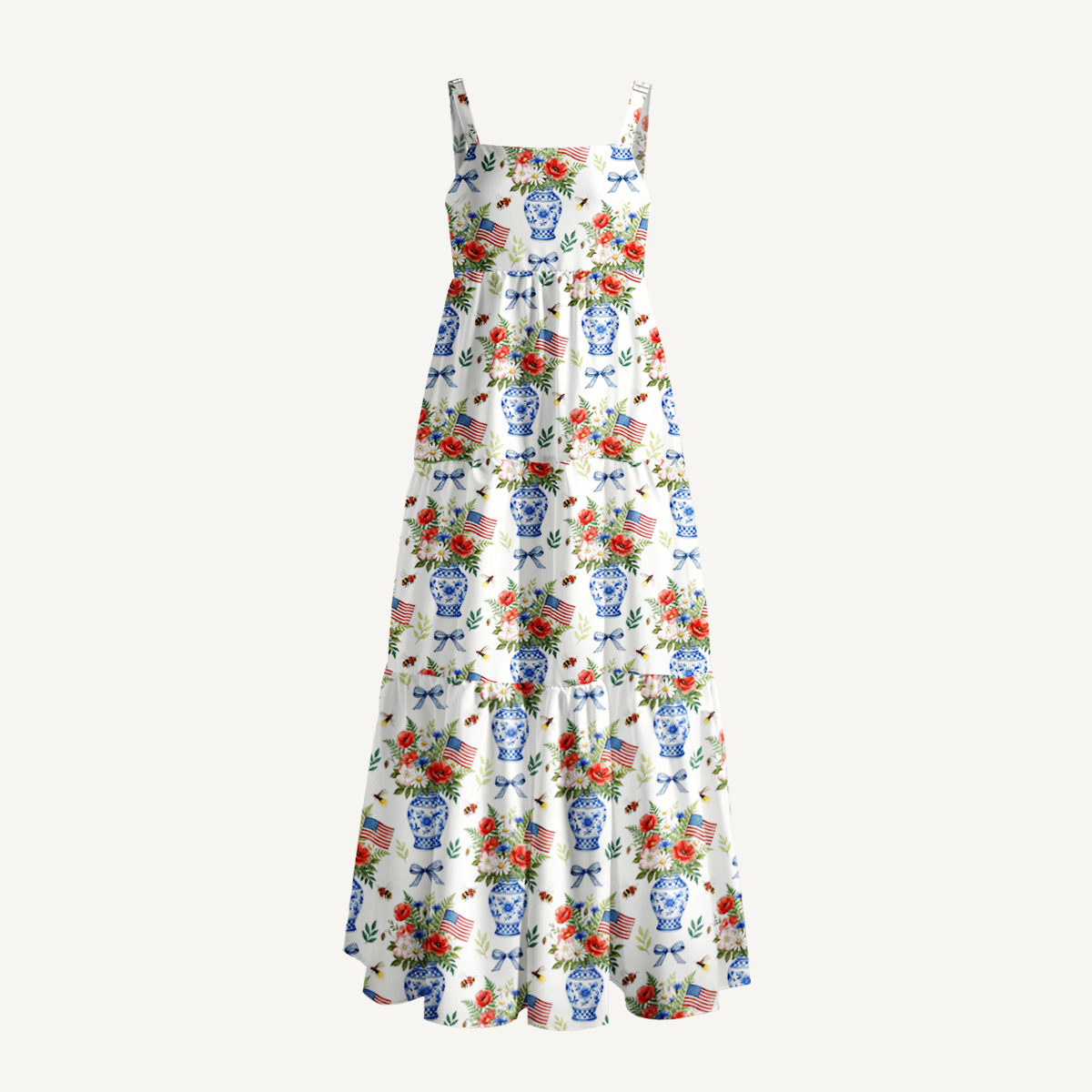 Patriotic Floral Vases Print Wide Straps Maxi Dress With Pockets