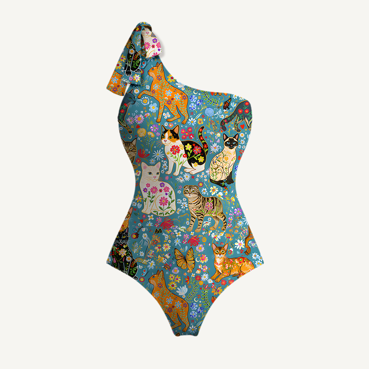 Colorful Garden Cat One Shoulder One Piece Swimsuit and Matching Sarong Set for Women