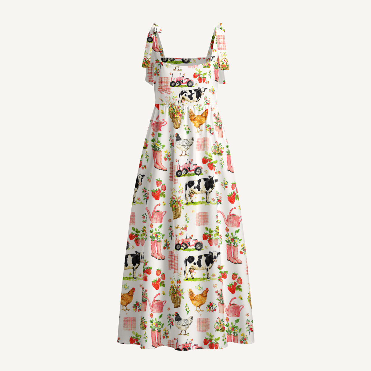 Watercolor Pink Farm Cow Chicken Print Bow Strap Maxi Dress