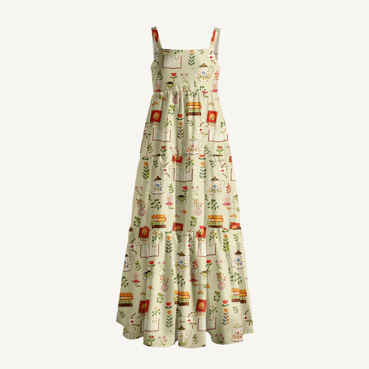 Tea Flowers and Books Print Wide Straps Maxi Dress With Pockets
