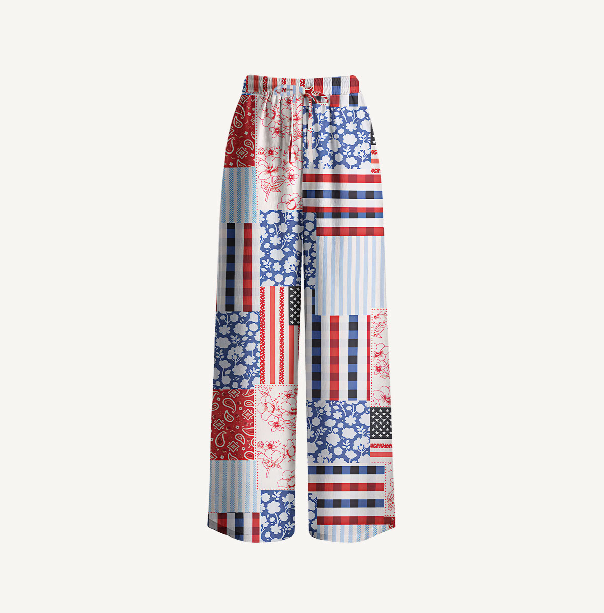 Patriotic Patchwork Print Wide Leg Tie Waist Pants With Pockets