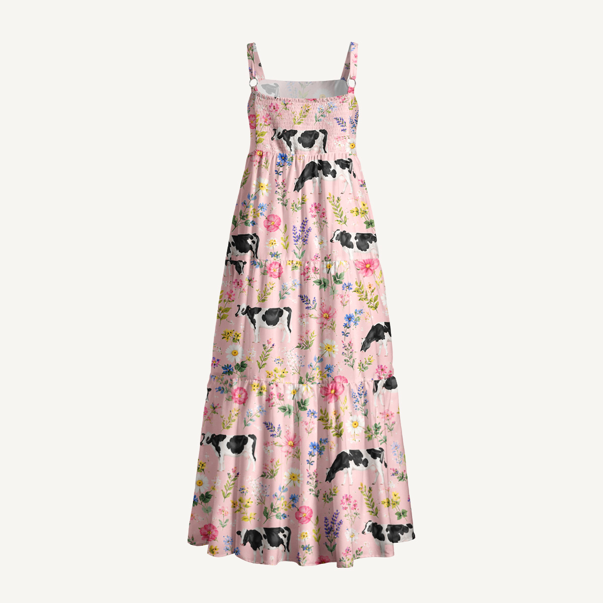 Holstein Cattle Cow Farm Animal Floral Pink Print Wide Straps Maxi Dress With Pockets