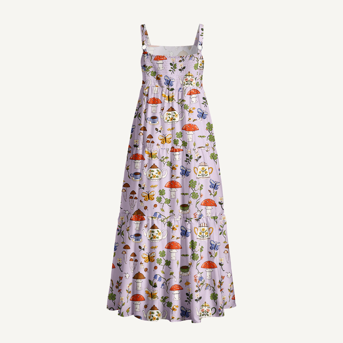 Teapots and Toadstools Cottagecore Print Wide Straps Maxi Dress With Pockets