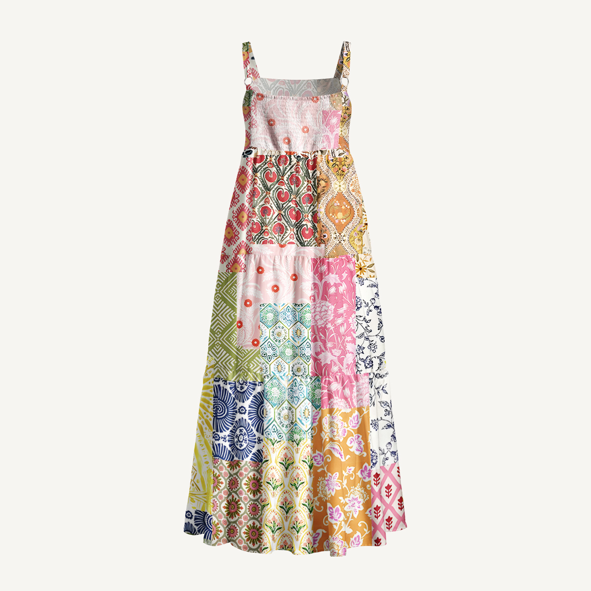 Colorful Bohemian Patchwork Print Wide Straps Maxi Dress With Pockets