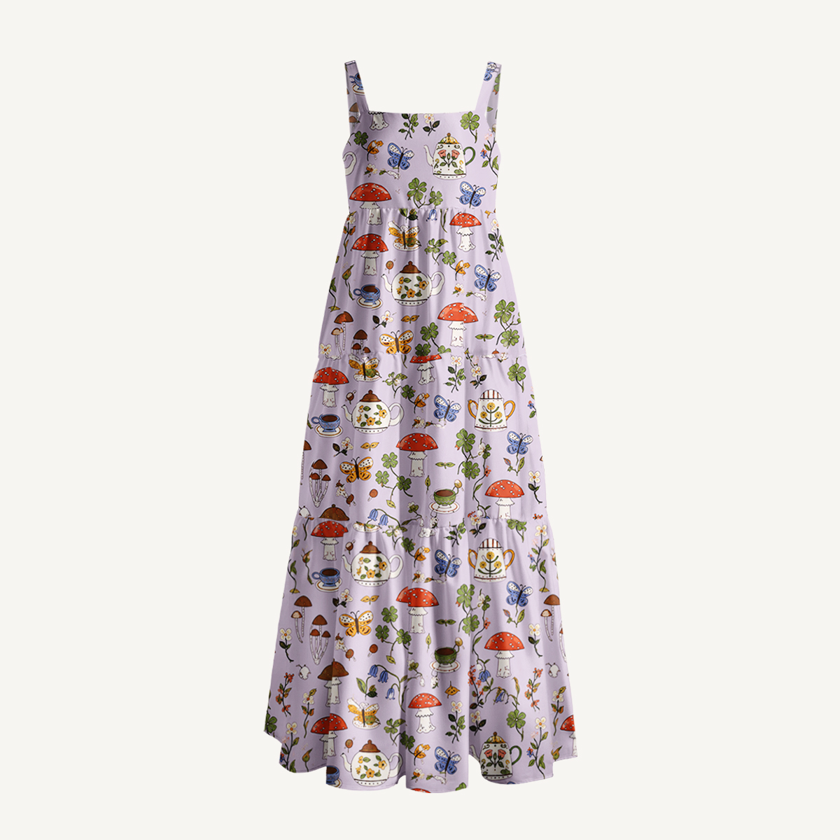 Teapots and Toadstools Cottagecore Print Wide Straps Maxi Dress With Pockets