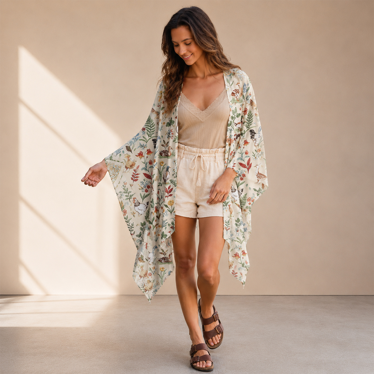 Countryside Garden Critter Print Kimono Shawl Wrap