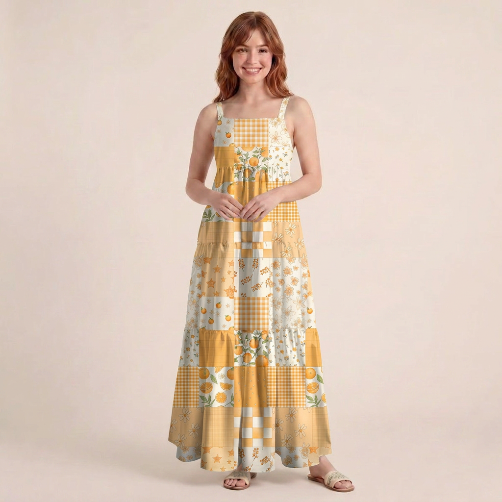 Lemon Sunshine Patchwork Print Wide Straps Maxi Dress With Pockets