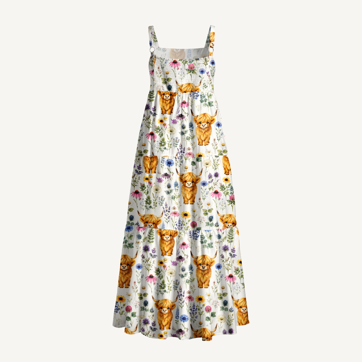 Farm Animal Boho Highland Cow Print Wide Straps Maxi Dress With Pockets