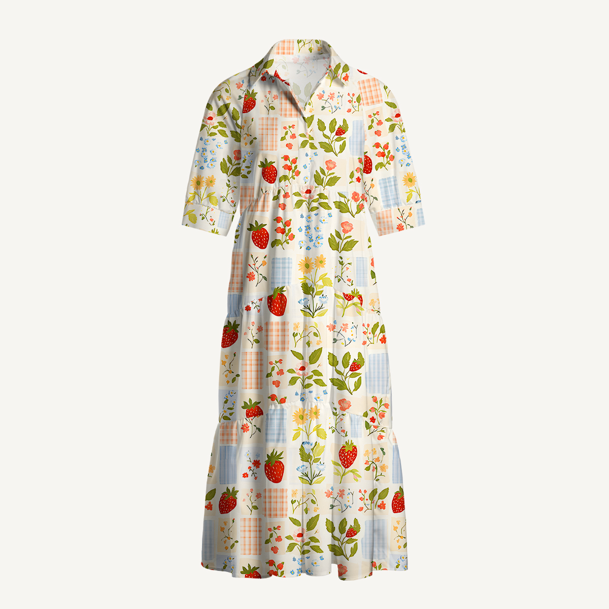 V Neck Collared Strawberry Garden Patchwork Casual Midi Dress With Pockets