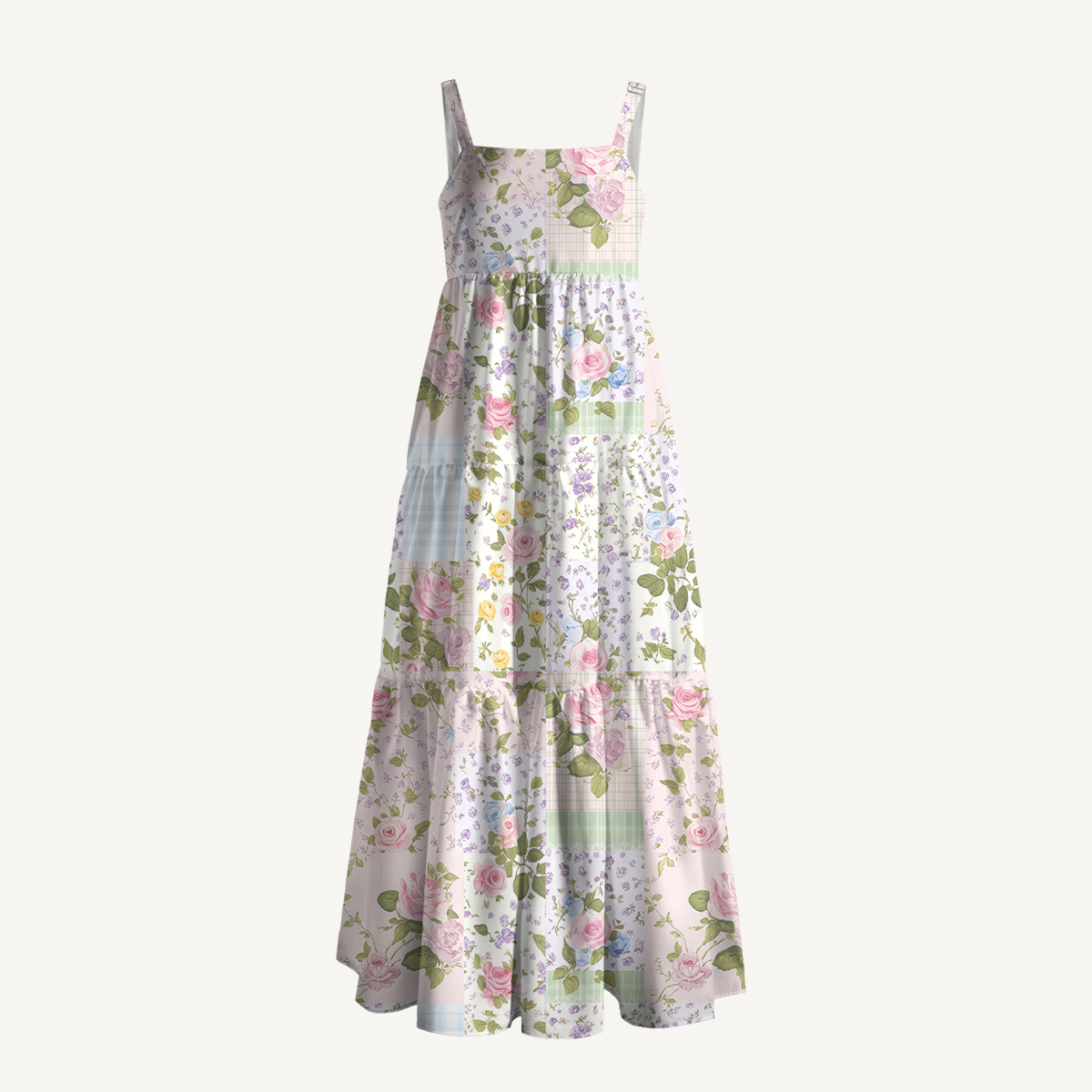 Pastel Rose Print Patchwork Wide Straps Maxi Dress With Pockets
