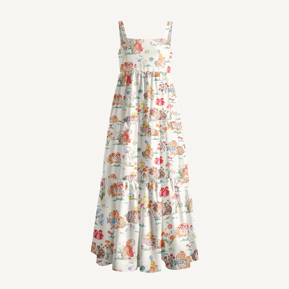 Guinea Pig Picnic Print Wide Straps Maxi Dress With Pockets