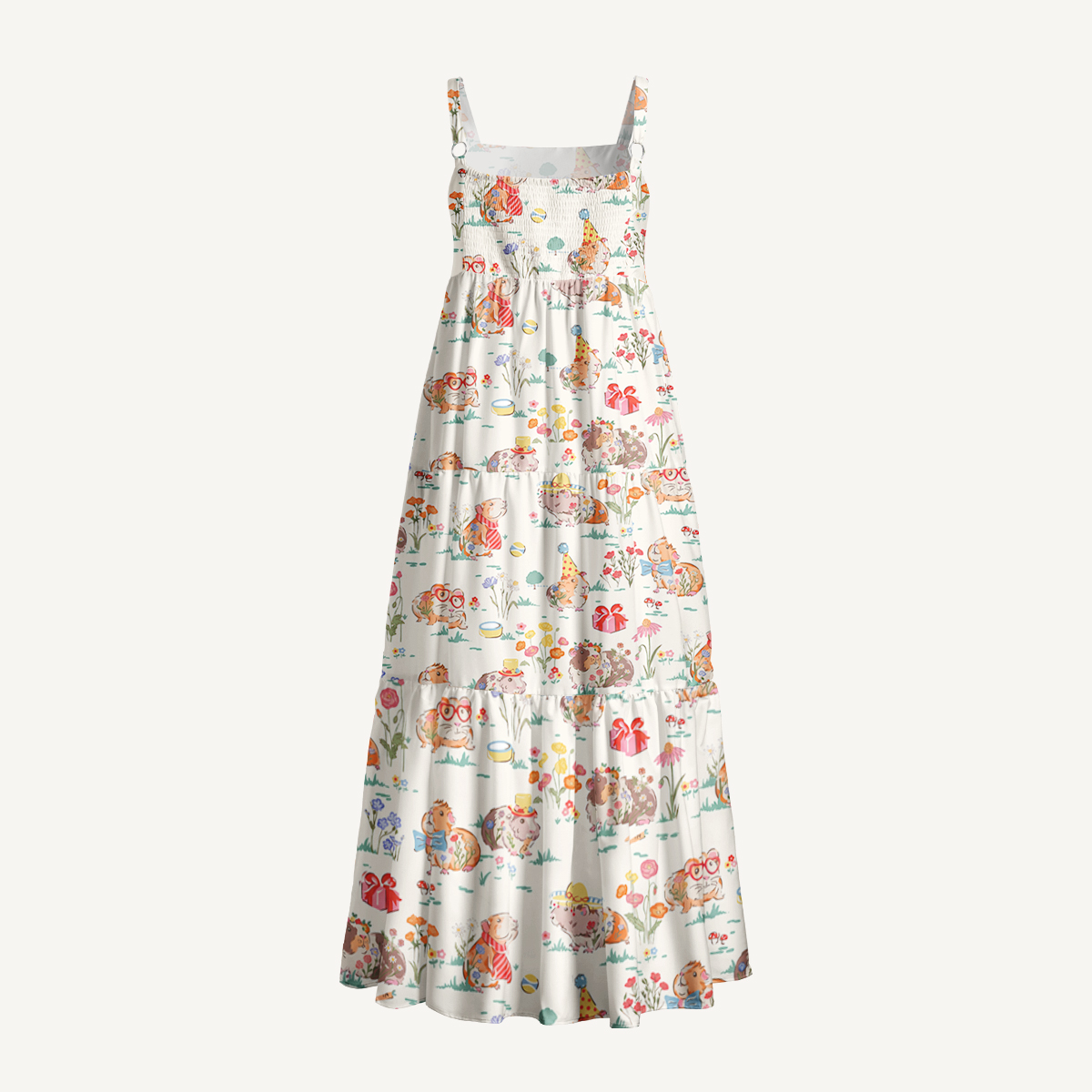 Guinea Pig Picnic Print Wide Straps Maxi Dress With Pockets