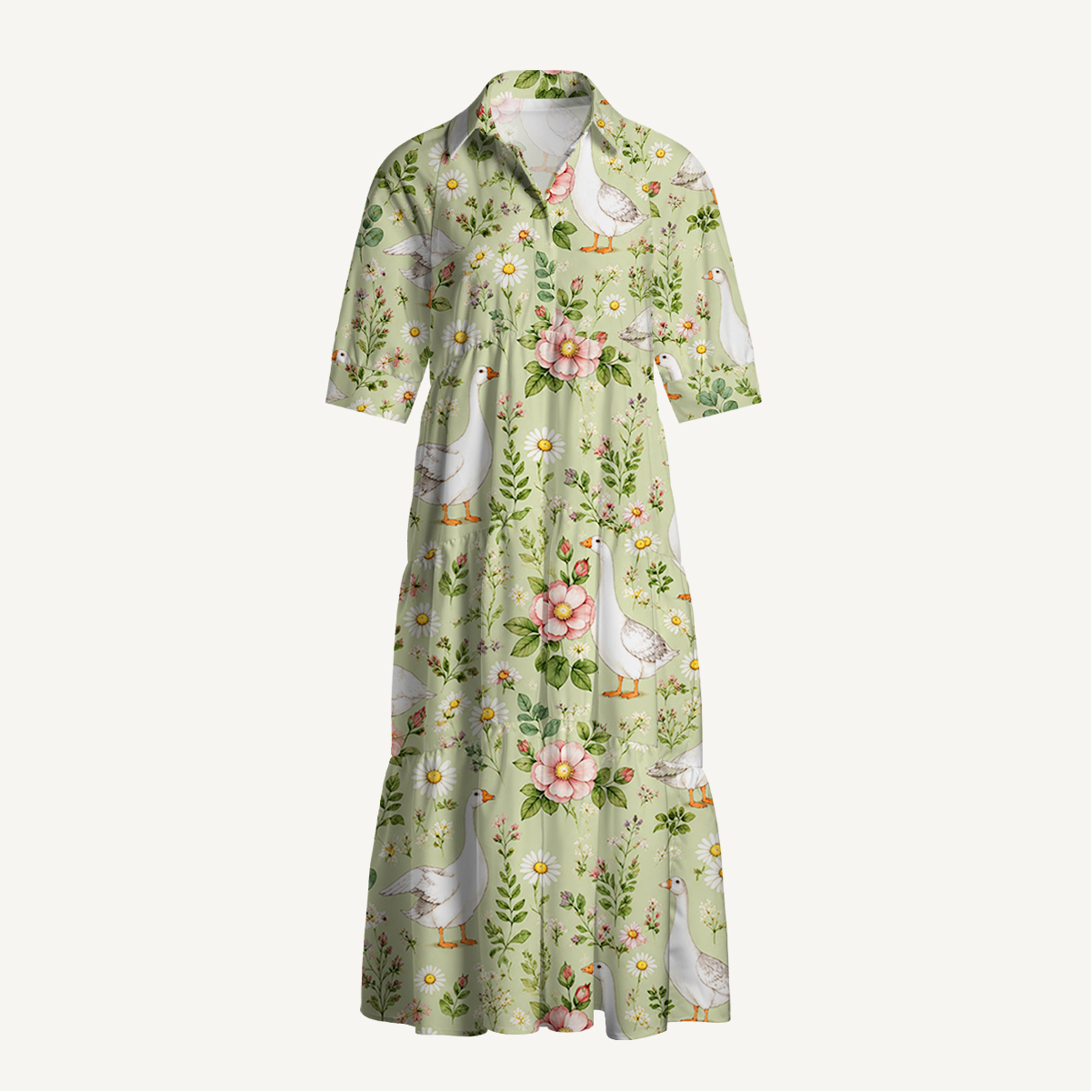 Pastoral Goose Garden Print Casual Midi Dress With Pockets