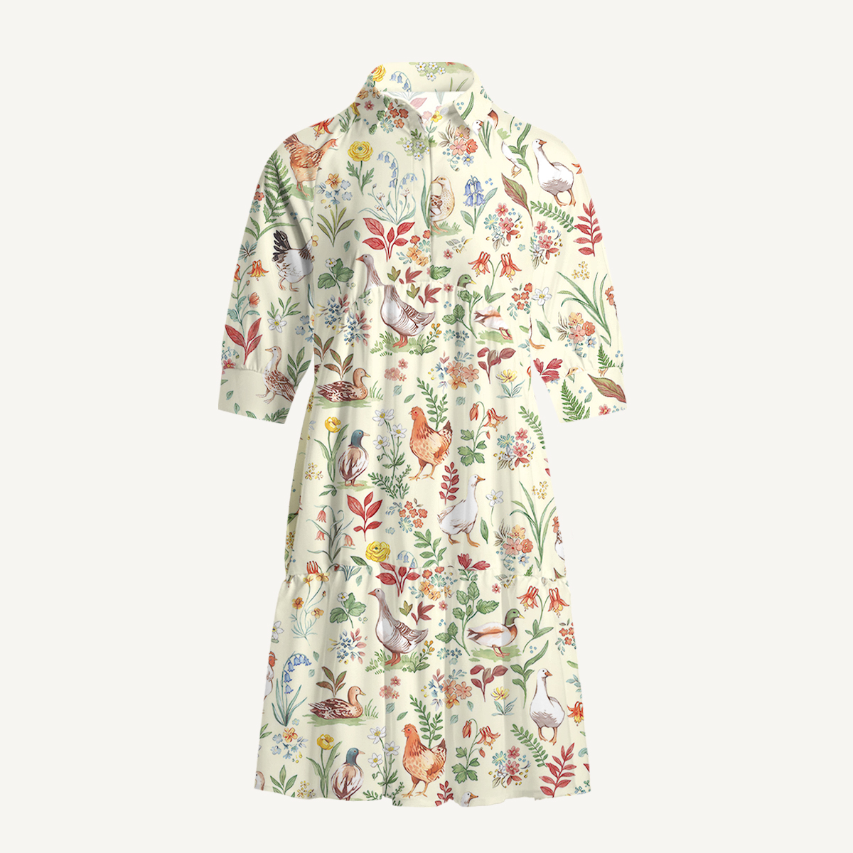 V Neck Collared Countryside Garden Critter Mini Dress For Women With Pockets