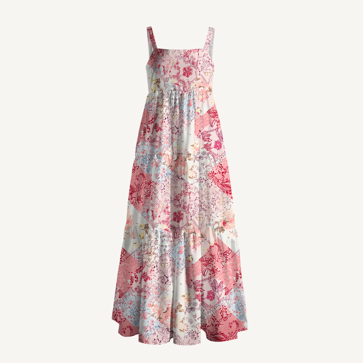 Shabby Chic Floral Patchwork Print Wide Straps Maxi Dress With Pockets